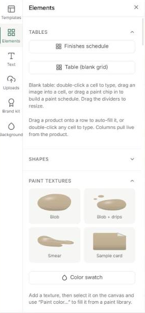 The Elements panel with tables, shapes and paint textures