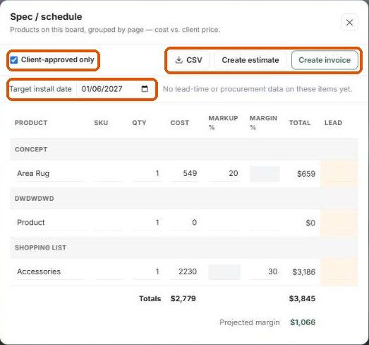 The Spec / schedule panel with Client-approved only, CSV, Create estimate, Create invoice and Target install date