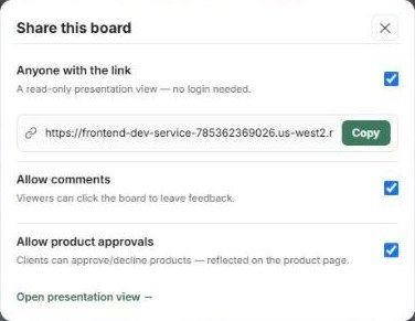 The Share this board dialog with link, comments and approvals options