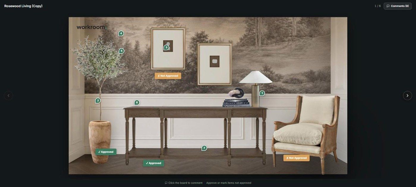 The client presentation view with comment pins and Approved and Not Approved badges