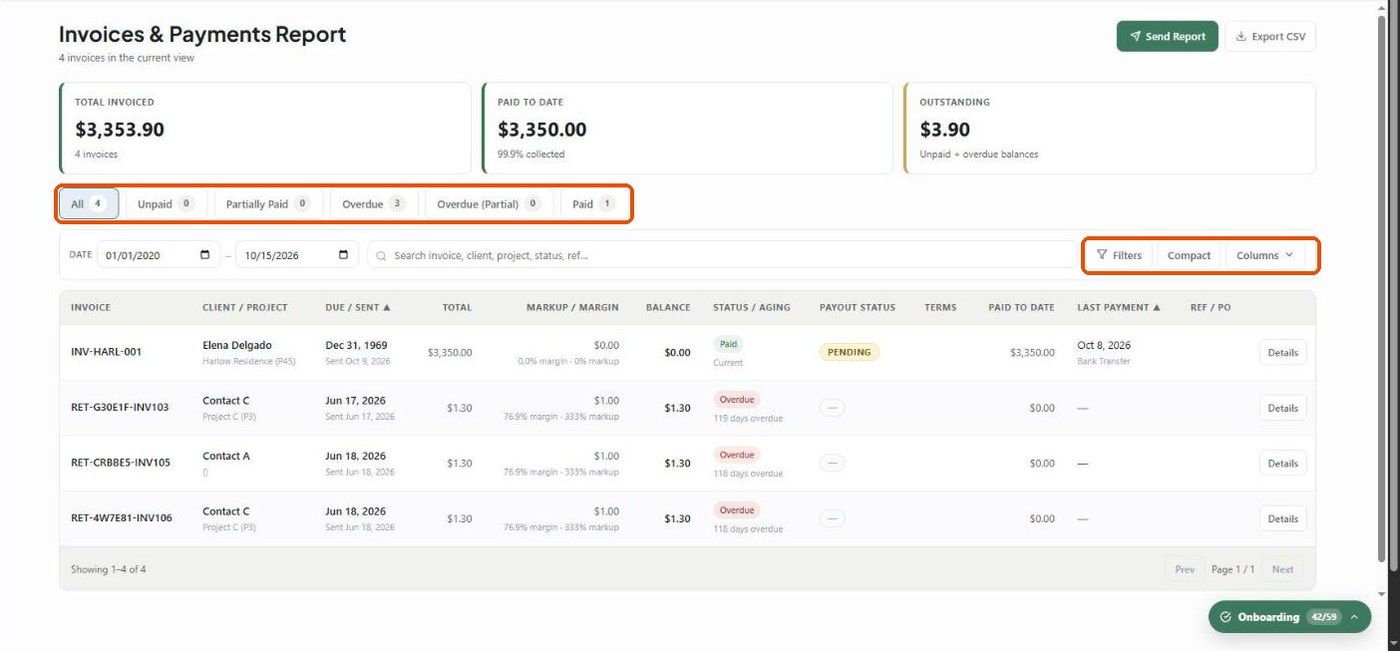 Invoices and Payments with KPI cards, status tabs, date range, search and the Filters, Compact and Columns controls