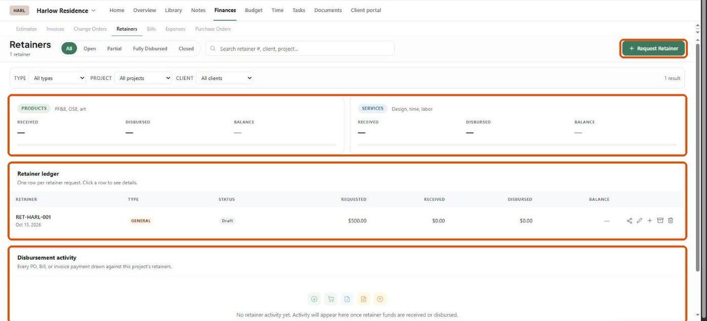 Project Retainers tab with pool cards, Retainer ledger and Disbursement activity