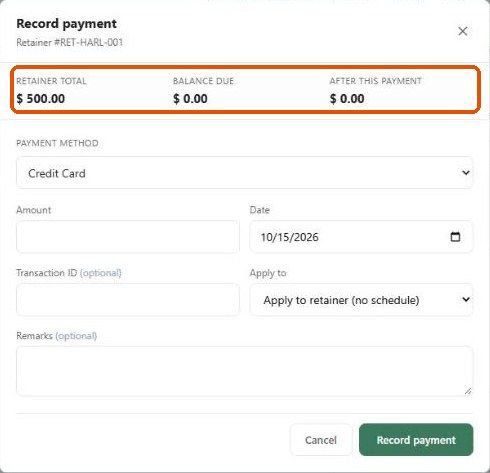 Record payment dialog for a retainer