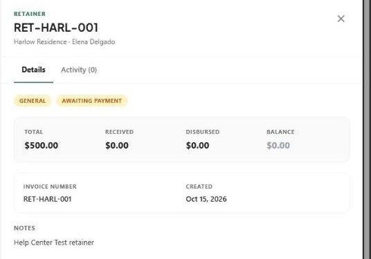 Retainer detail with Total, Received, Disbursed and Balance