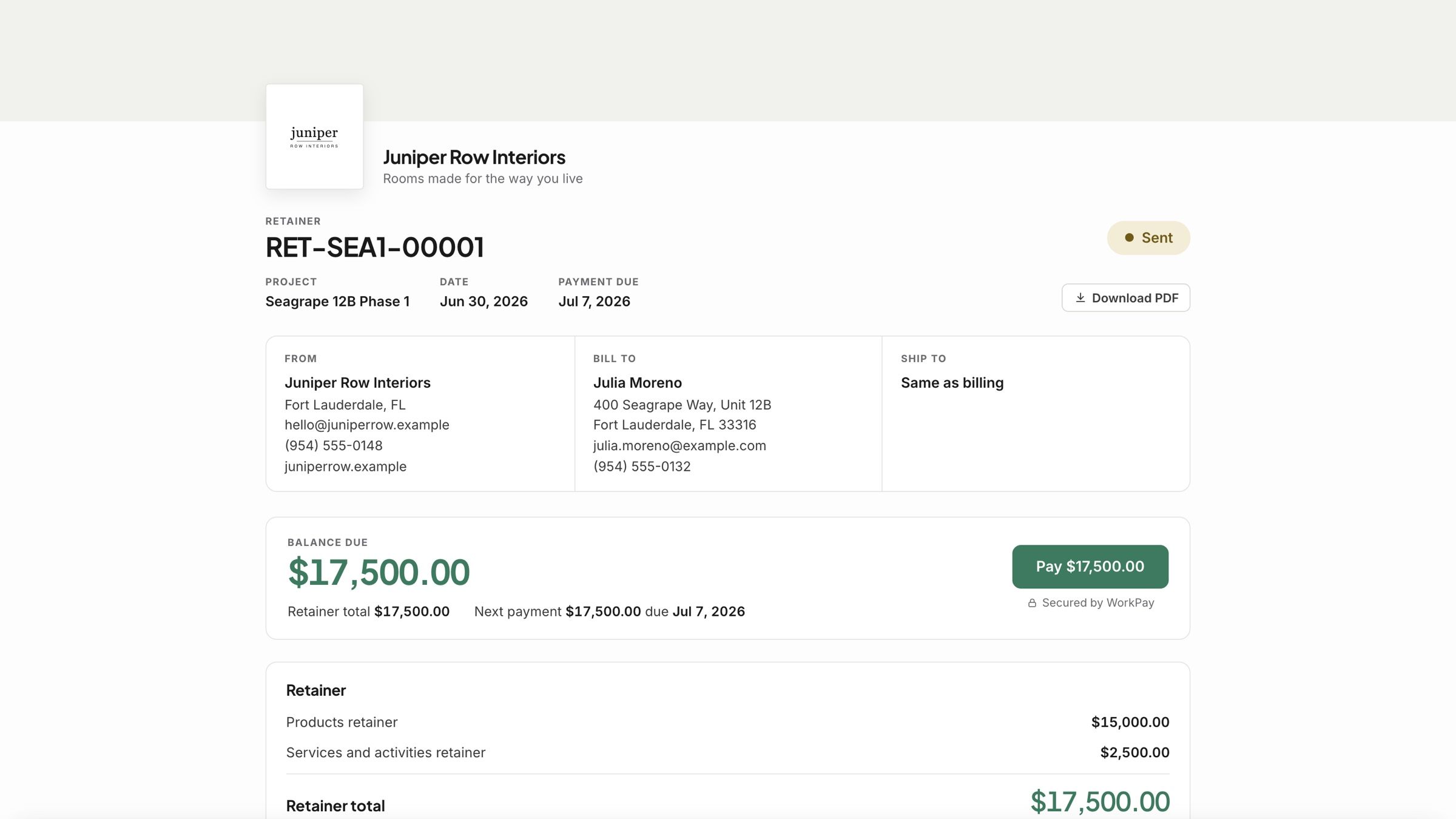 A client’s retainer page with the balance due and the Pay button