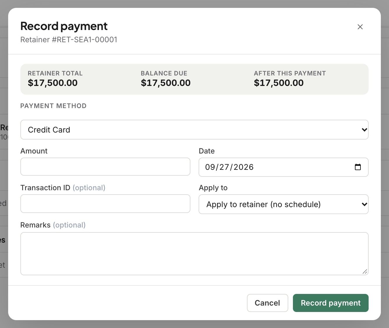 Record payment dialog for a retainer