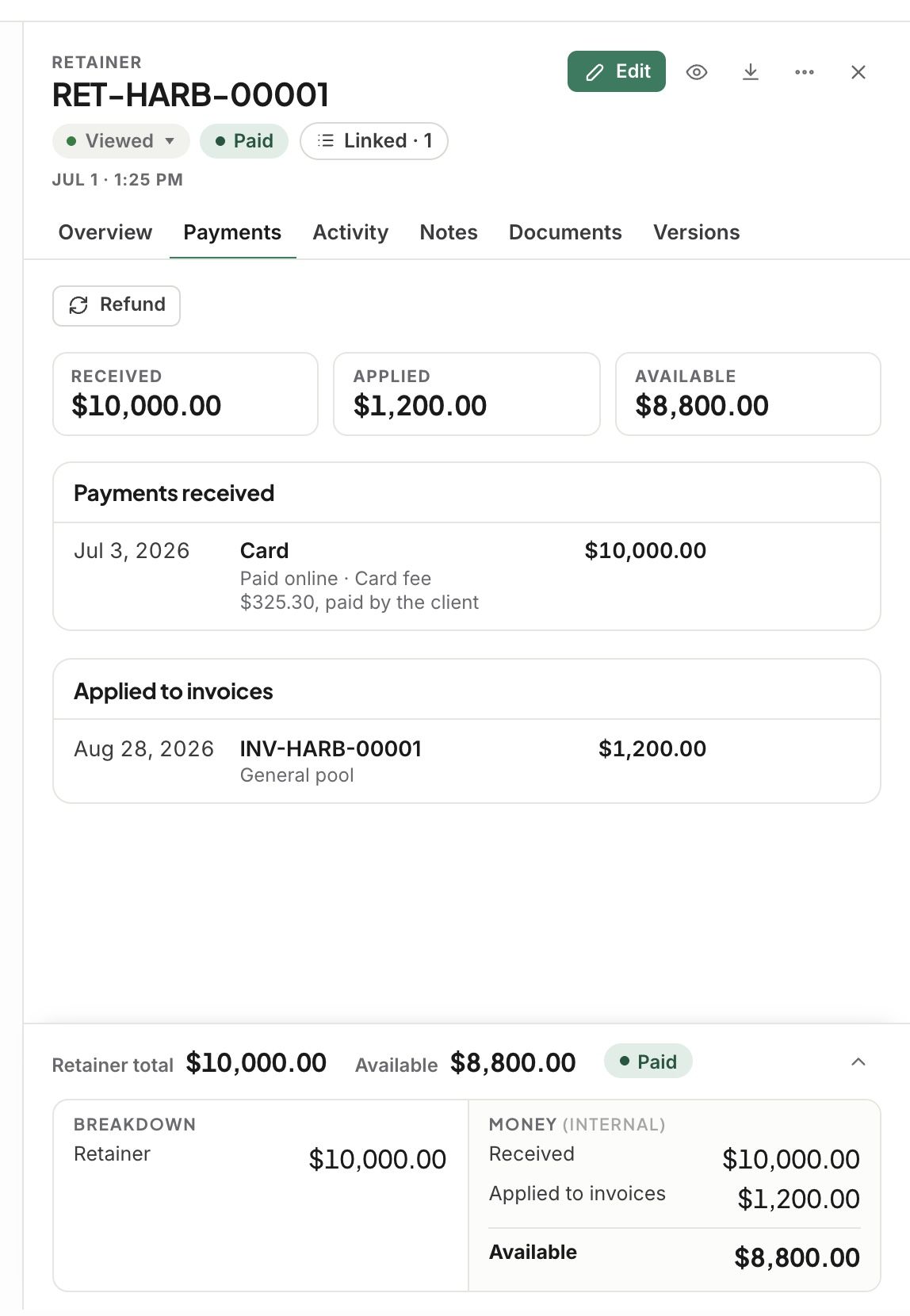 A retainer’s Payments tab: received by card, with the card fee paid by the client on its own line