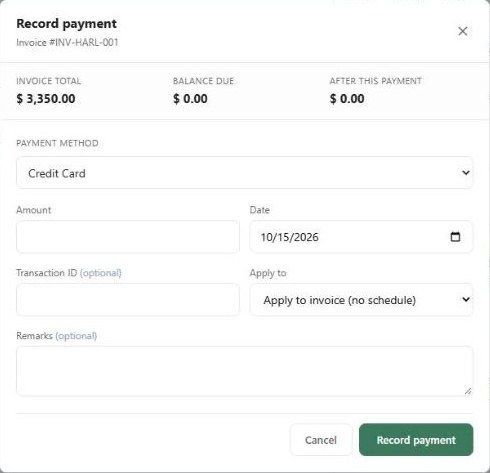 Record payment dialog — choose Apply Retainer as the method