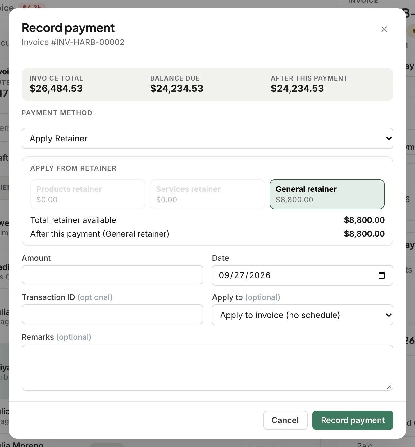 Record payment dialog with Apply Retainer chosen and $8,800 available