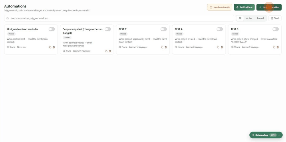 Clicking New automation, choosing the Unsigned contract reminder template and opening it in the builder