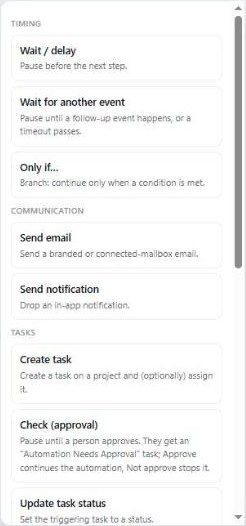 The Add step menu with Timing, Communication and Tasks steps
