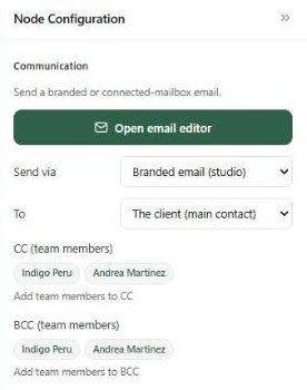 Send email settings: Open email editor, Send via, To, CC and BCC
