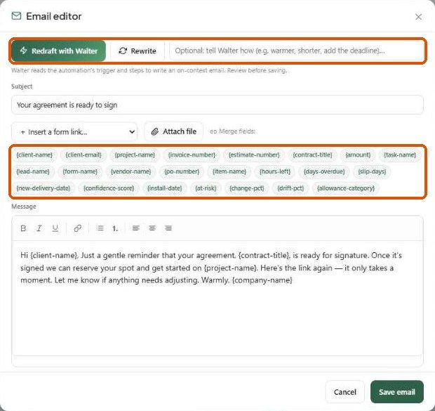 The email editor with Walter redraft options and merge fields highlighted