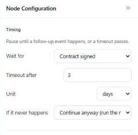 Wait for another event settings: Wait for, Timeout after, Unit and If it never happens