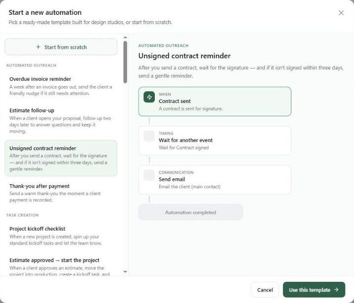 The Start a new automation window listing templates with a preview of the Unsigned contract reminder