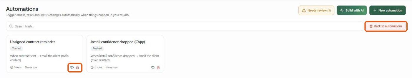 The Trash view with restore and permanent-delete icons