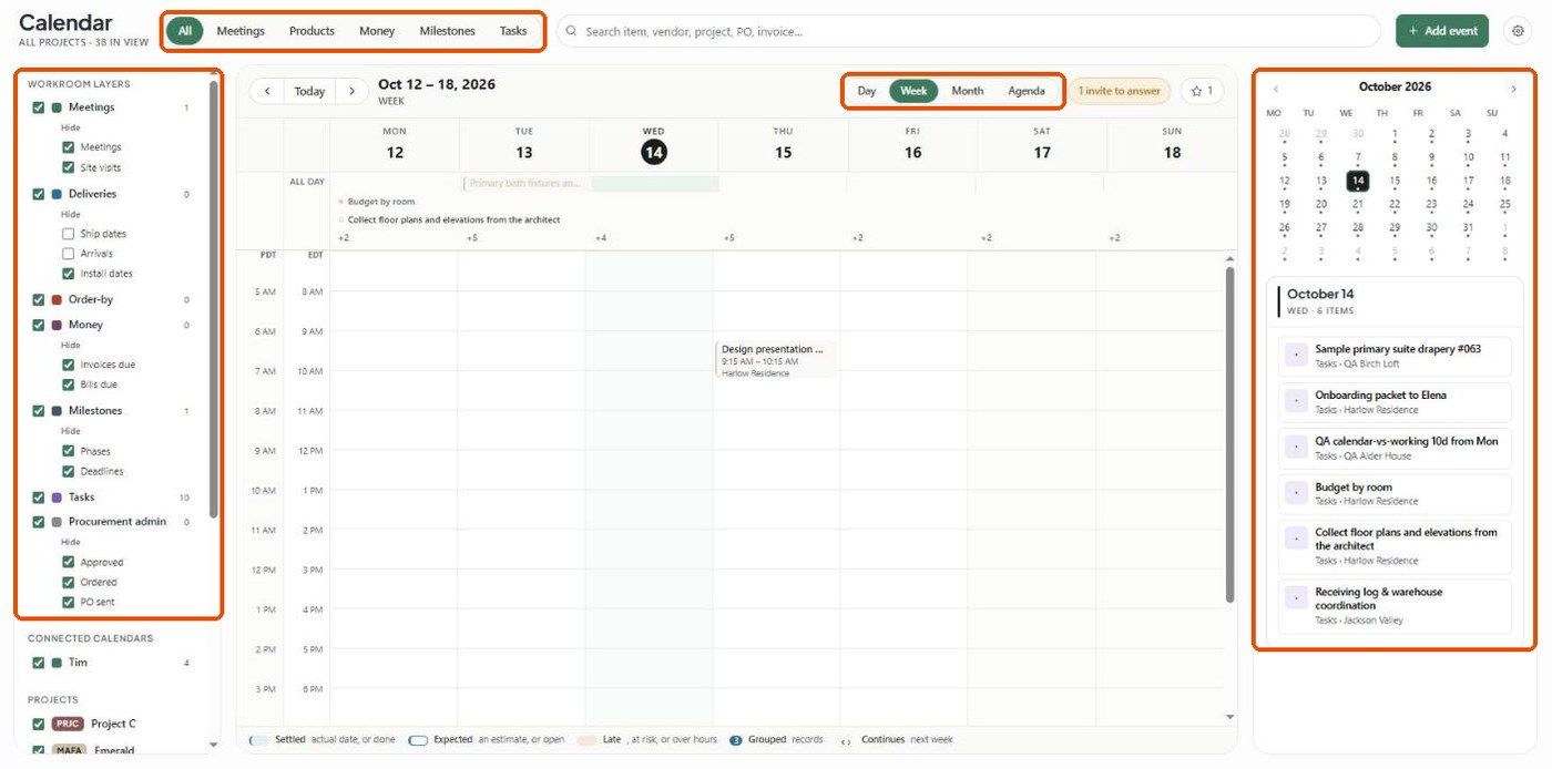 The Calendar page in Week view with the lens bar, layer panel, view switcher and day panel highlighted