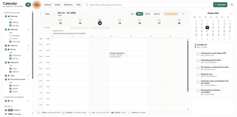 Clicking through the six lenses: All, Meetings, Products, Money, Milestones and Tasks