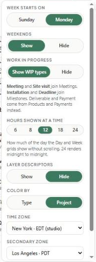 The calendar view settings menu