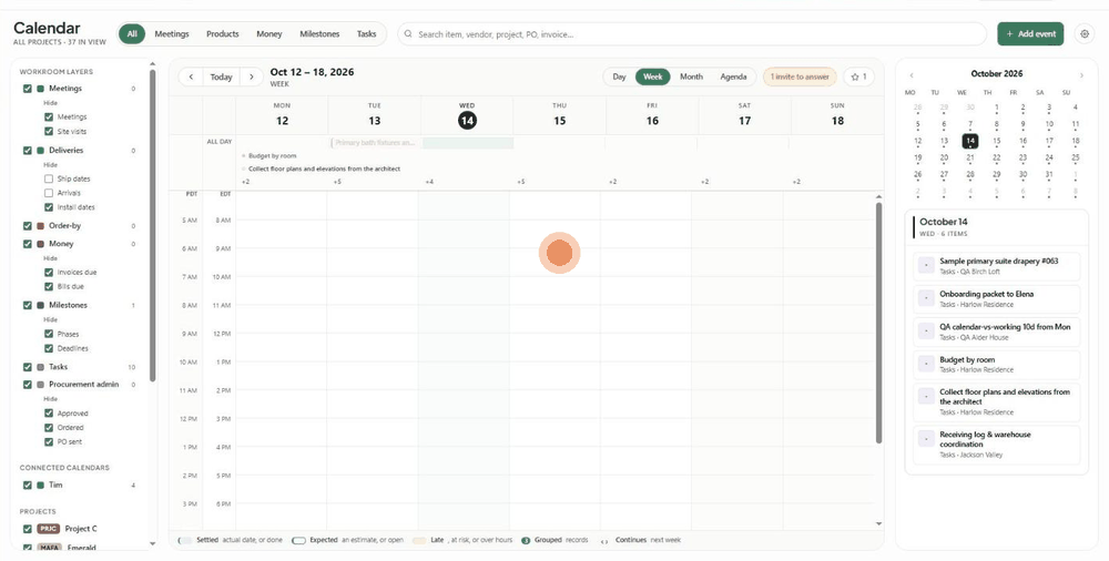 Creating a meeting: double-click a time slot, fill in the details, add a guest, pick a saved location and create the event