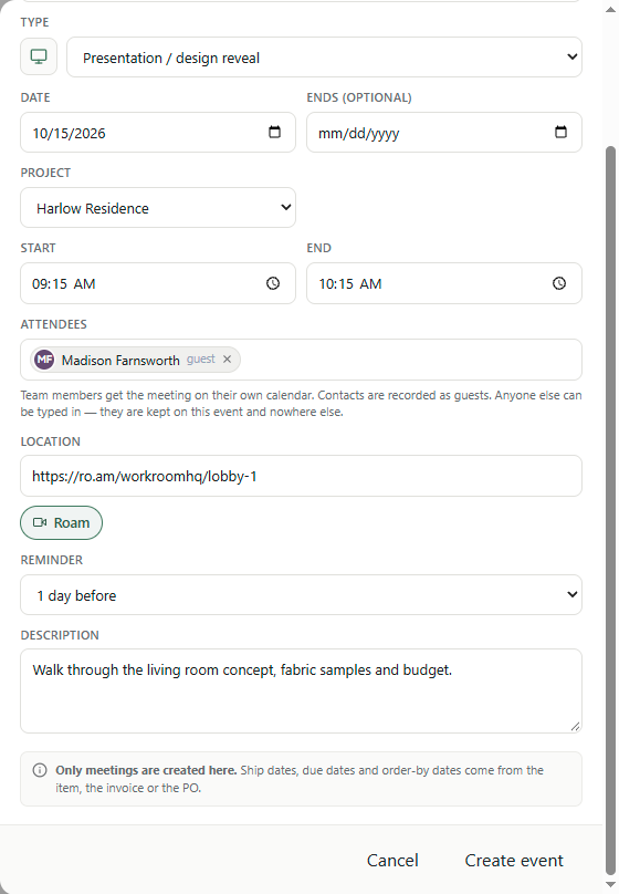 The Add event window filled in with a title, type, project, guest, location, reminder and description