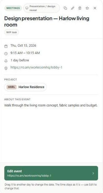 The event panel for a meeting, showing date, time, reminder, location link, project and description