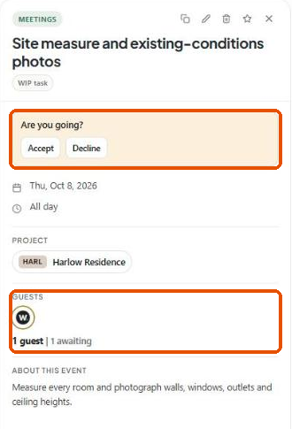 The Are you going prompt with Accept and Decline buttons, and the guest summary