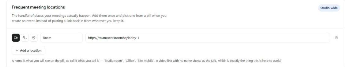 Frequent meeting locations in Settings, with a saved video link named Roam