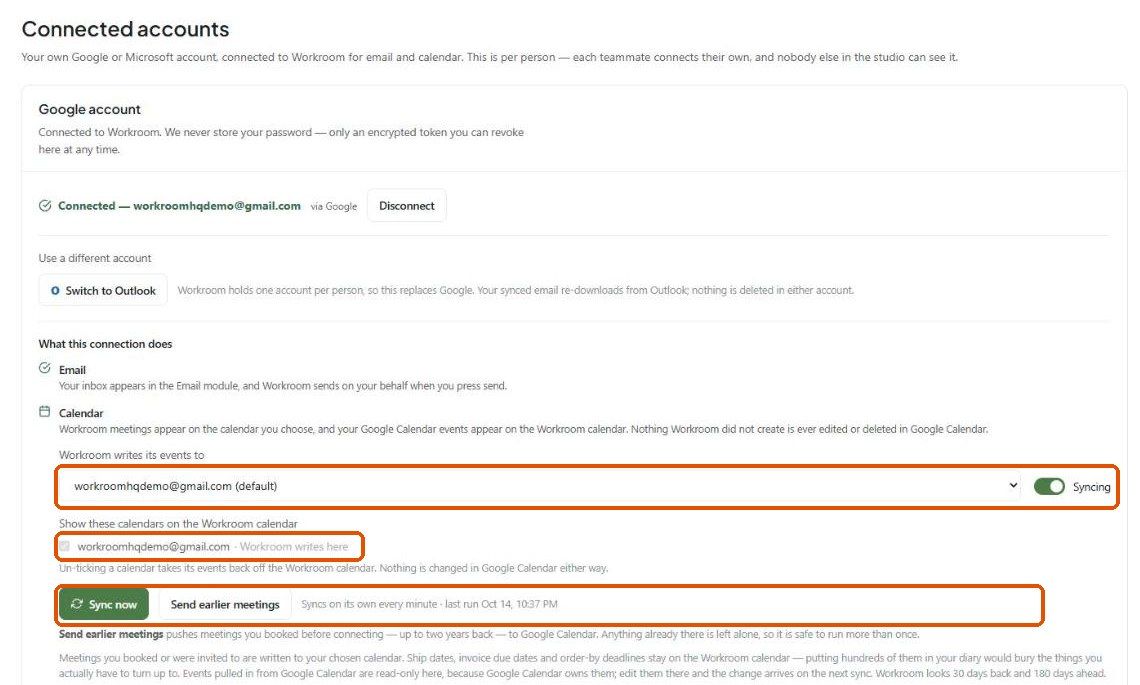 Connected accounts settings with the write calendar, Syncing toggle, calendar list, Sync now and Send earlier meetings highlighted