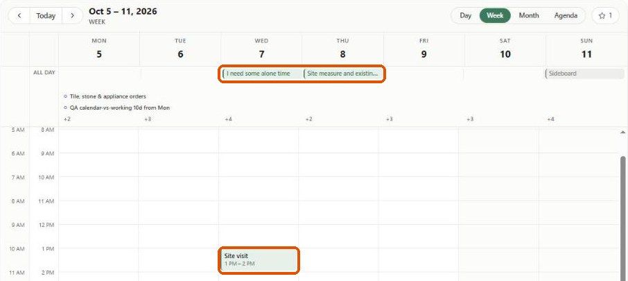 Week view with Color by set to Type, showing meetings in green