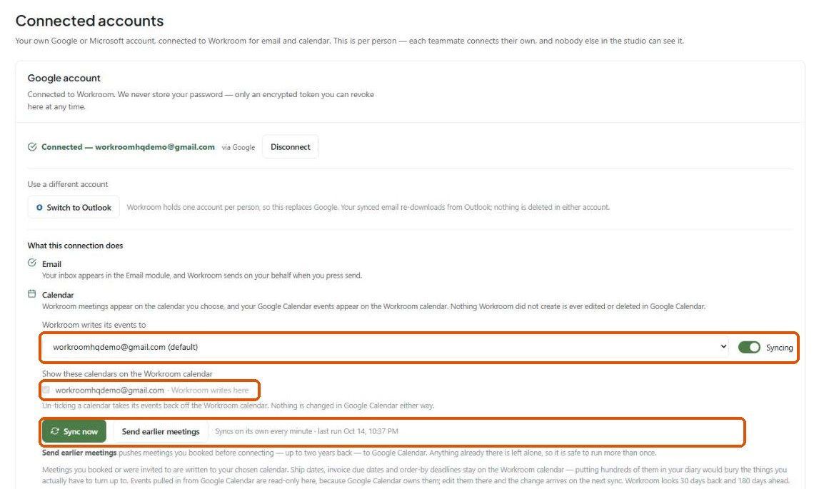 Connected accounts settings with the write calendar, Syncing toggle, calendar list and Sync now button highlighted