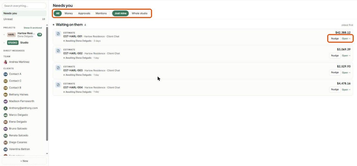 Needs you with the All / Money / Approvals / Mentions filters, the Just mine / Whole studio toggle, and Nudge and Open on each row