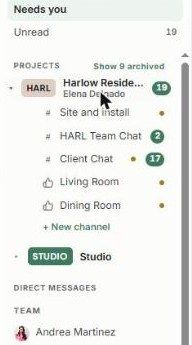A project expanded in the rail, with its chats, selection boards and + New channel