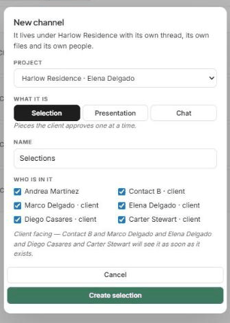 The New channel dialog switching between Selection, Presentation and Chat