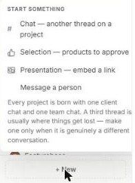 The + New menu: Chat, Selection, Presentation or Message a person
