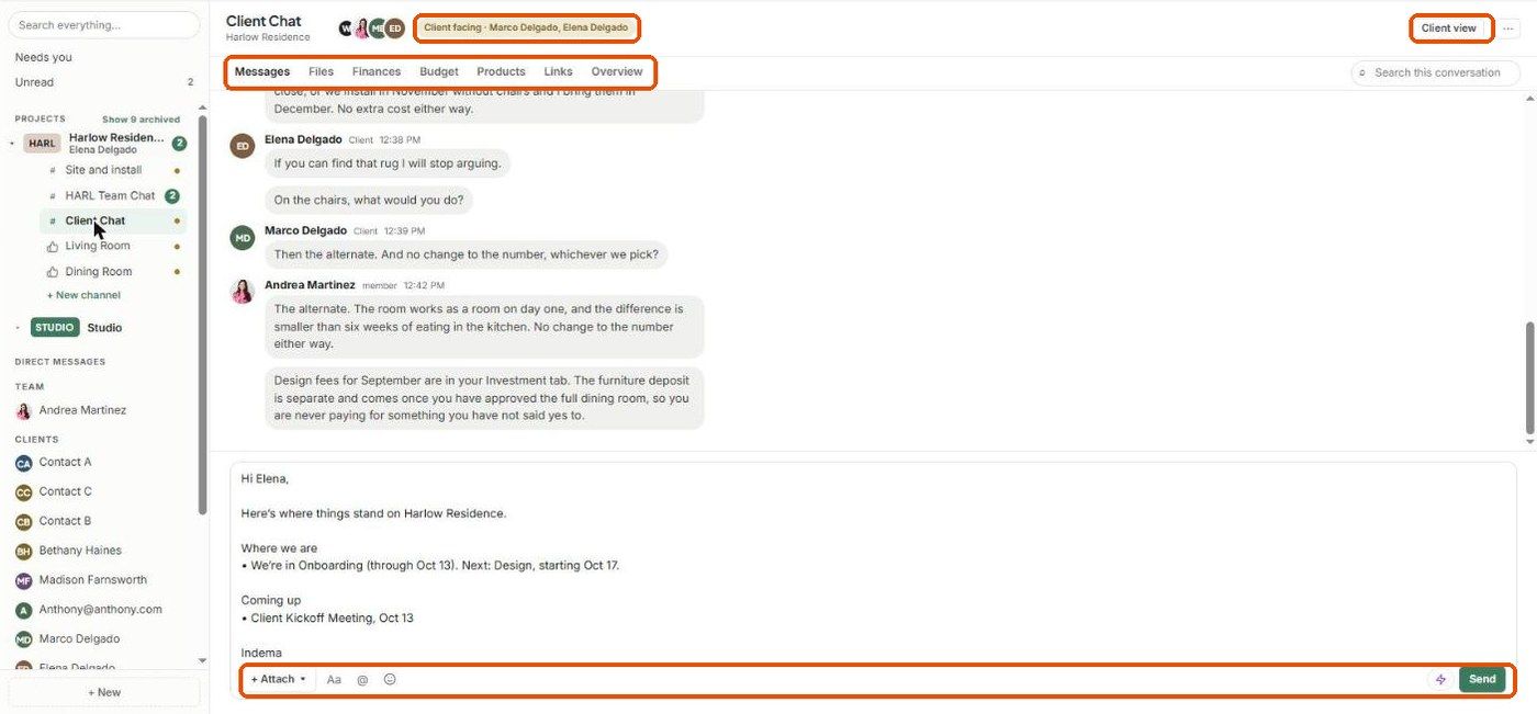A client-facing chat: the audience pill, the room tabs, Client view, and the composer toolbar