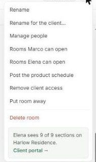 The room menu with rename options, people, client rooms, product schedule, remove access, put away and delete