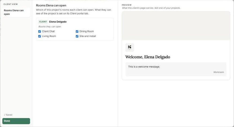 Rooms Elena can open: tick the rooms this client can open, with a preview of their page