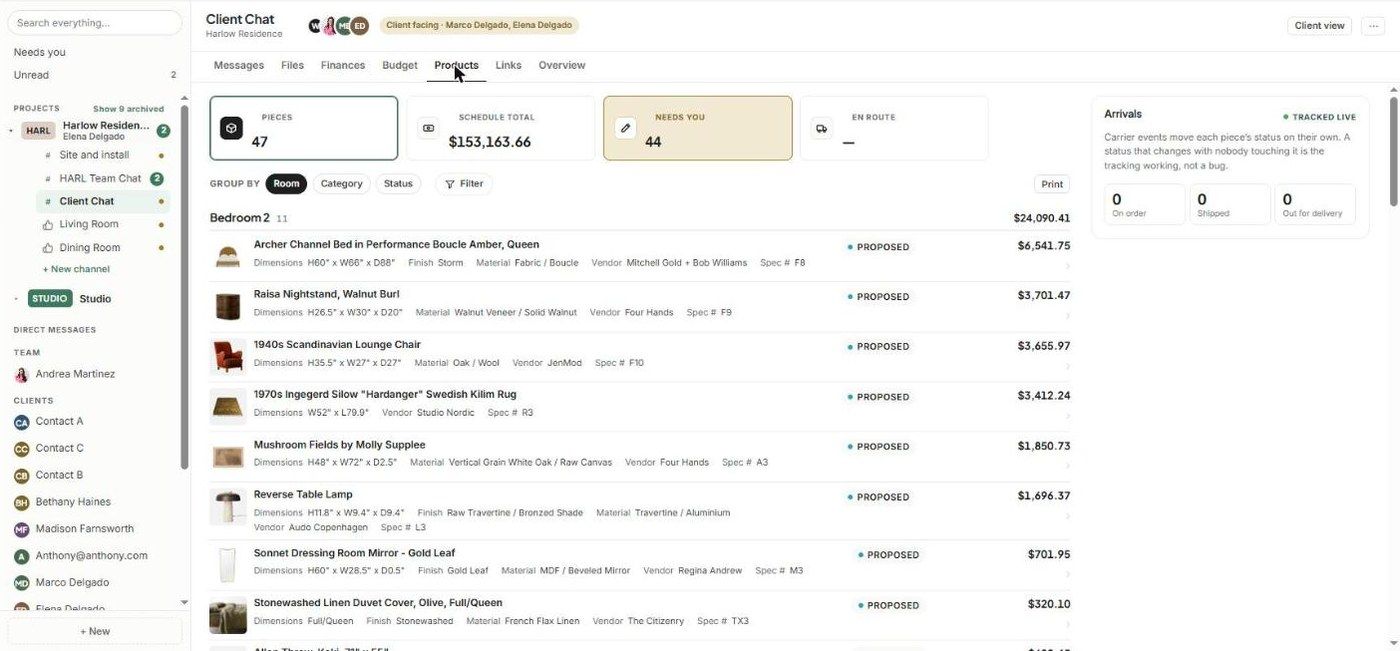 The Products tab in a chat, grouped by room, with the Arrivals panel