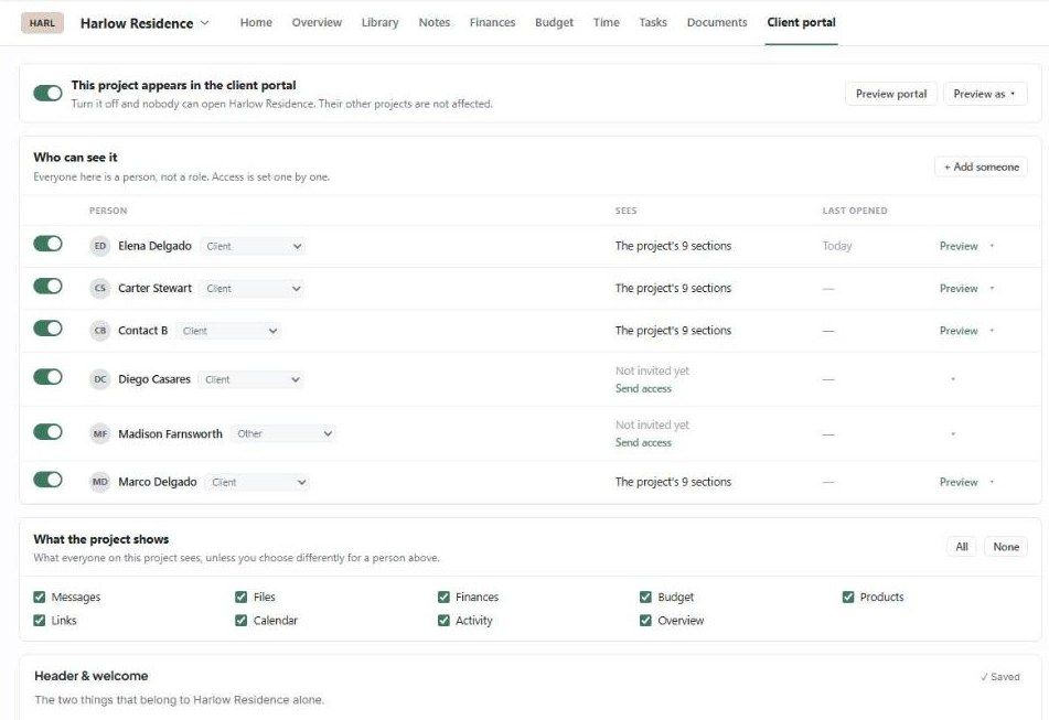 A project's Client portal tab: the on/off switch, Who can see it, and What the project shows