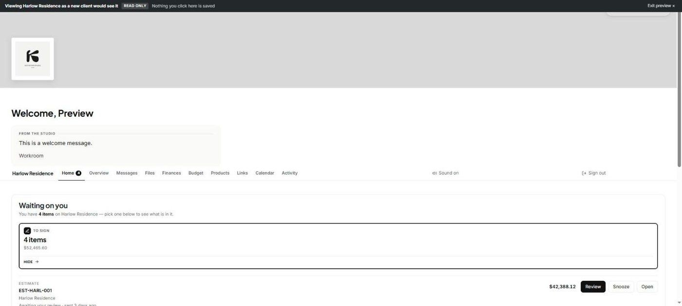 The client portal home: header, welcome note, page tabs and Waiting on you