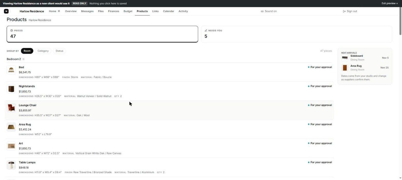 Client portal Products with client status words and Next arrivals