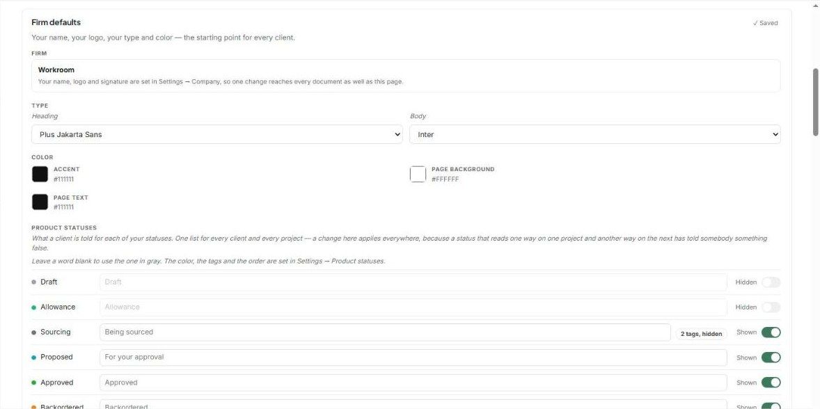 Firm defaults and the client wording for each product status