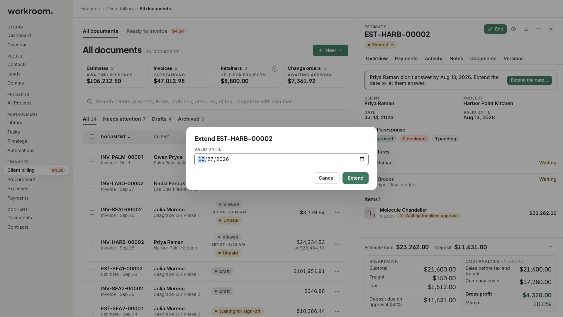 An expired estimate, with its date being extended