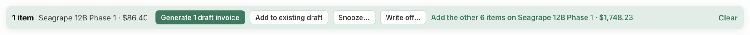 One item ticked, with Generate draft invoices, Add to existing draft, Snooze and Write off