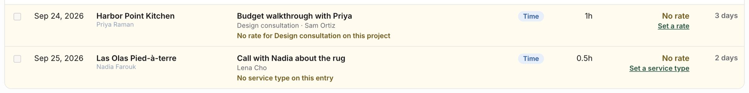 Two items in Ready to invoice: one with No rate, one with no service type