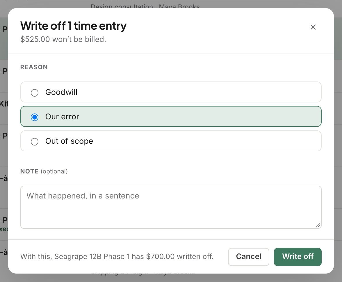 Write off a time entry, with a reason and a note