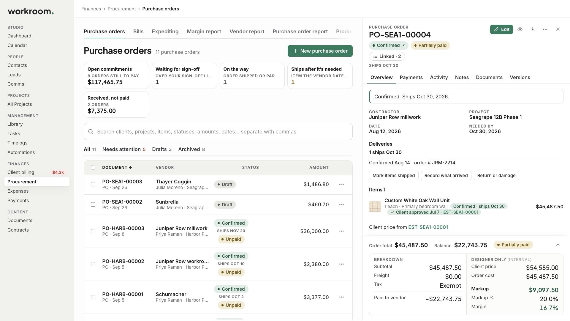 Procurement’s Purchase orders tab, with an order open in the side panel
