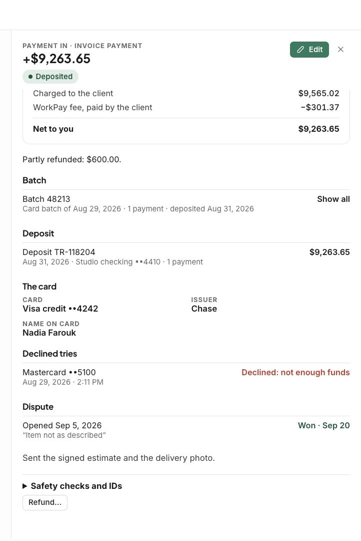 A payment’s side panel: what was charged, the fee, the batch and the deposit