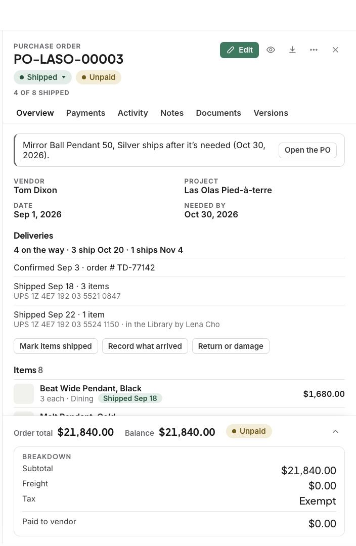 A purchase order’s deliveries: shipped in pieces, with Mark items shipped and Record what arrived